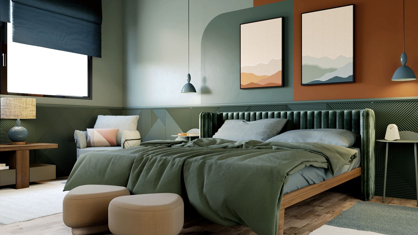 Phong cách hiện đại cho phòng ngủ màu xanh cho 2 vợ chồng
