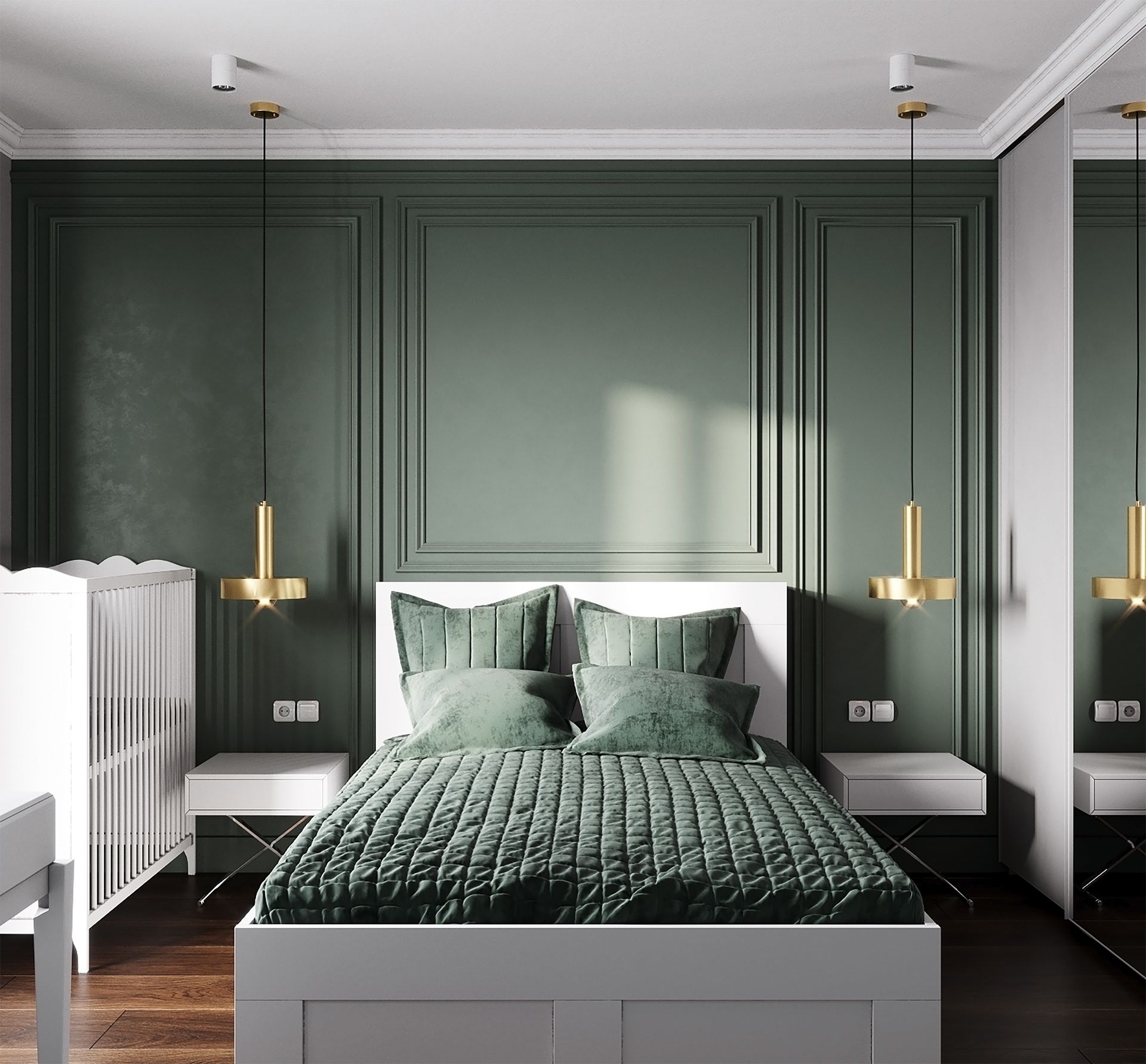 Mẫu phòng ngủ màu xanh lá cây phong cách hiện đại phối thêm màu trắng