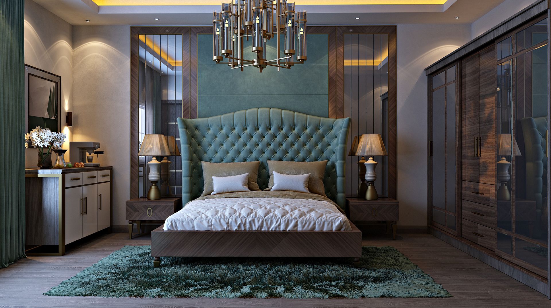 Phòng ngủ màu xanh cổ vịt ấn tượng