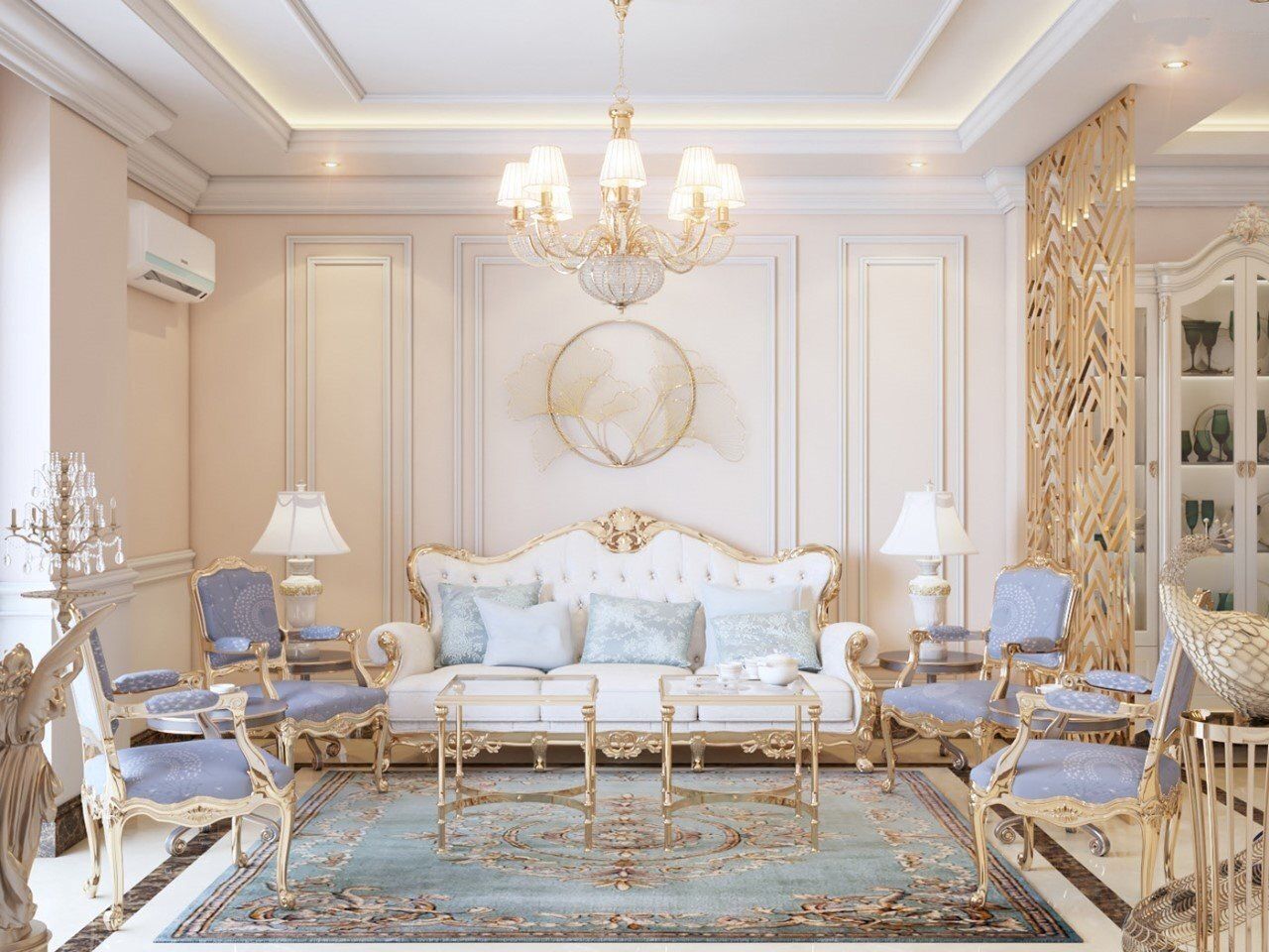 Phòng khách tân cổ điển với bàn ghế sofa sang trọng, tông xanh, trắng 