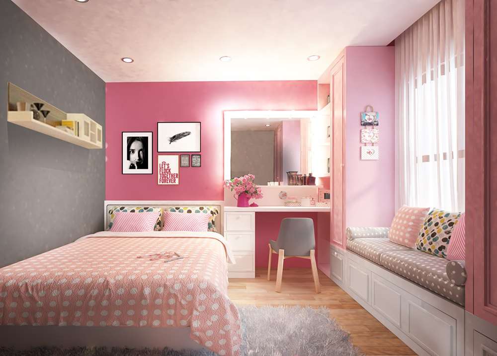 Phòng ngủ 16m2 có toilet màu hồng ngọt ngào cho bé