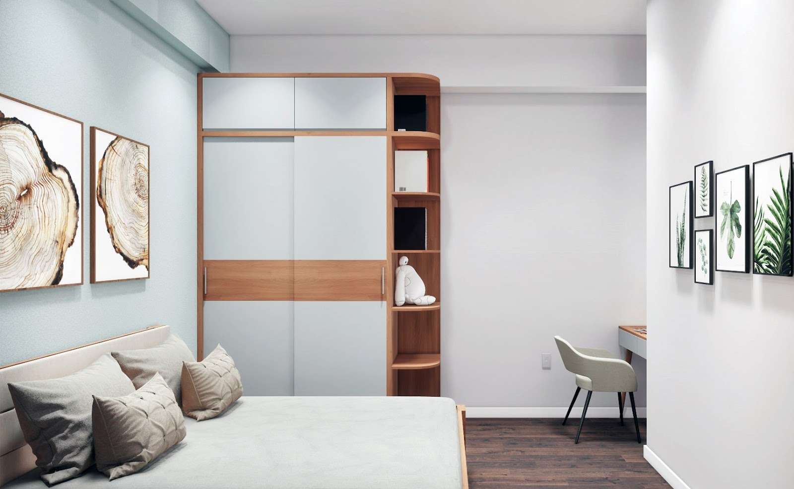 Giường ngủ bố trí sau góc khuất của căn phòng giúp tăng sự riêng tư mà vẫn đảm bảo công năng sử dụng của nó