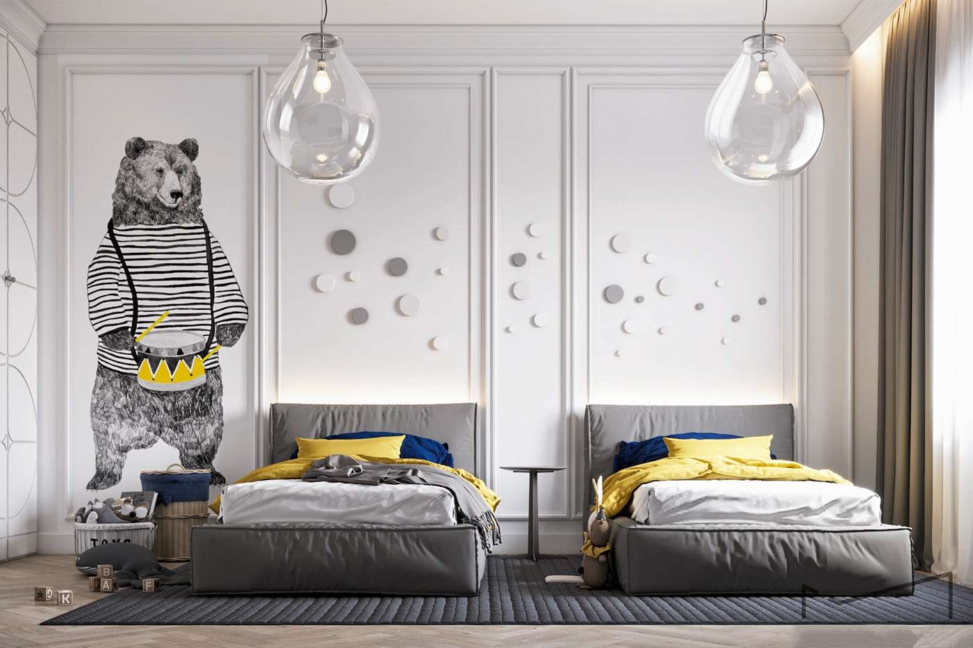 Mẫu thiết kế phòng ngủ 2 giường đơn dành cho bé trai ấn tượng với gam màu ghi trung tính