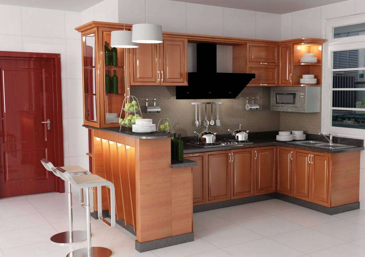 Tủ bếp có quầy bar làm từ chất liệu gỗ tự nhiên mộc mạc nhưng không kém phần sang trọng