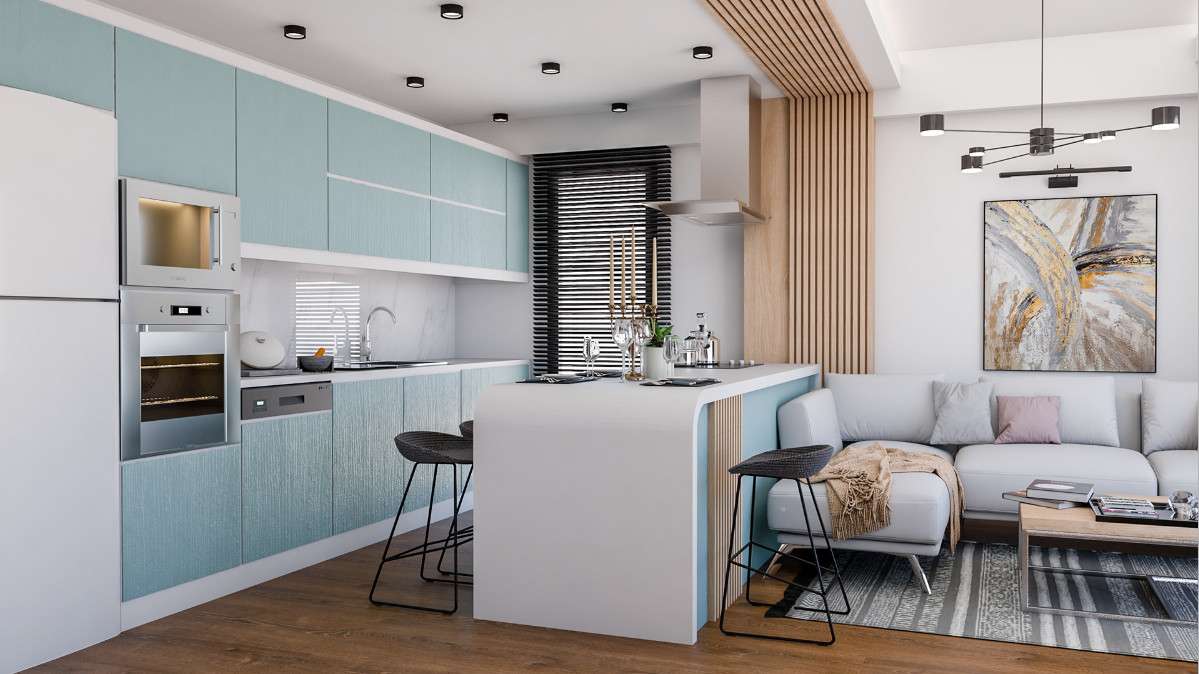 Tủ bếp với tủ rượu song song tạo sự thoải mái và tiện nghi cho căn hộ chung cư