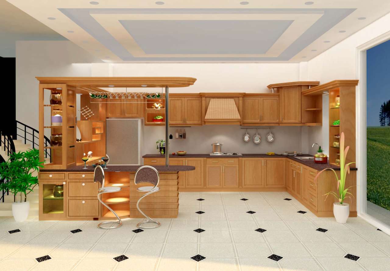 Tủ bếp kết hợp tủ rượu làm từ gỗ tự nhiên mang sự quyến rũ với vẻ đẹp tự nhiên