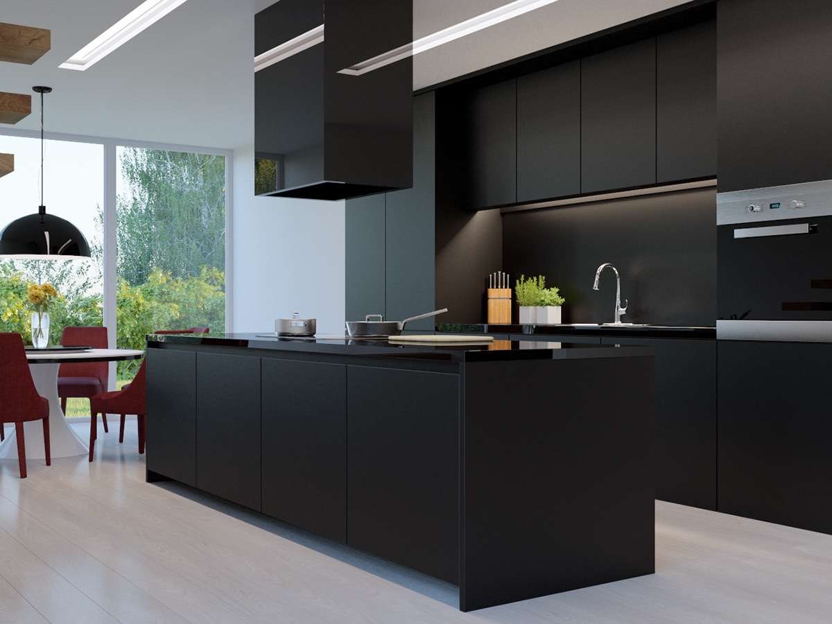 Tủ bếp gỗ màu đen mang lại sự tiện nghi và không gian mở