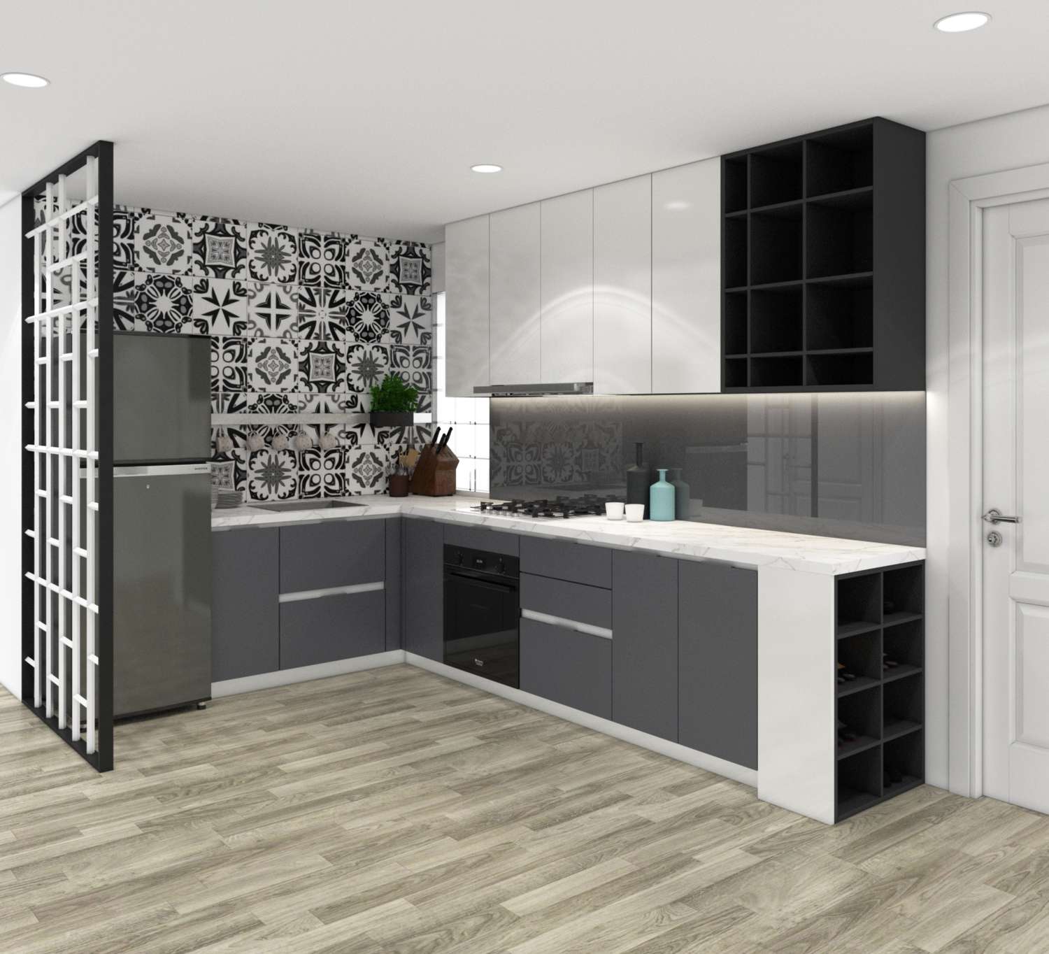 Tủ bếp màu đen trắng tạo không gian mở và tiện nghi