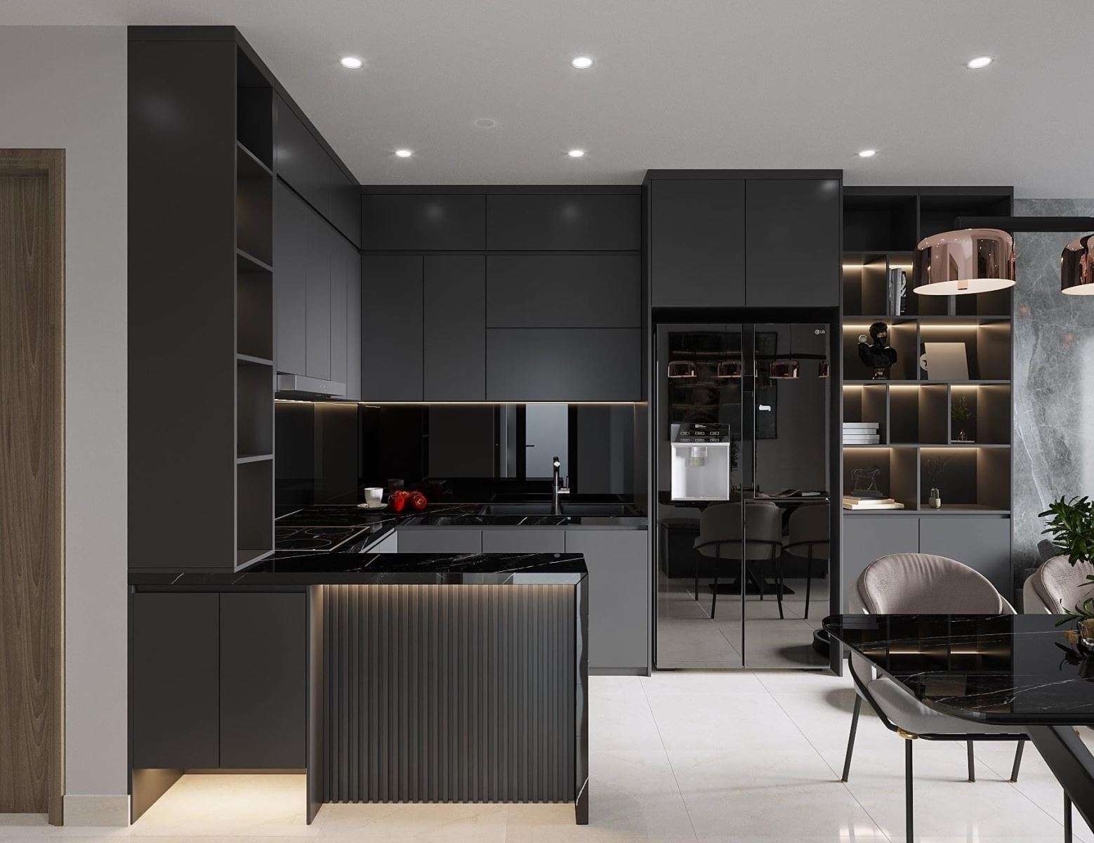 Tủ bếp Melamine màu đen mang lại sự ấm cúng và hiện đại