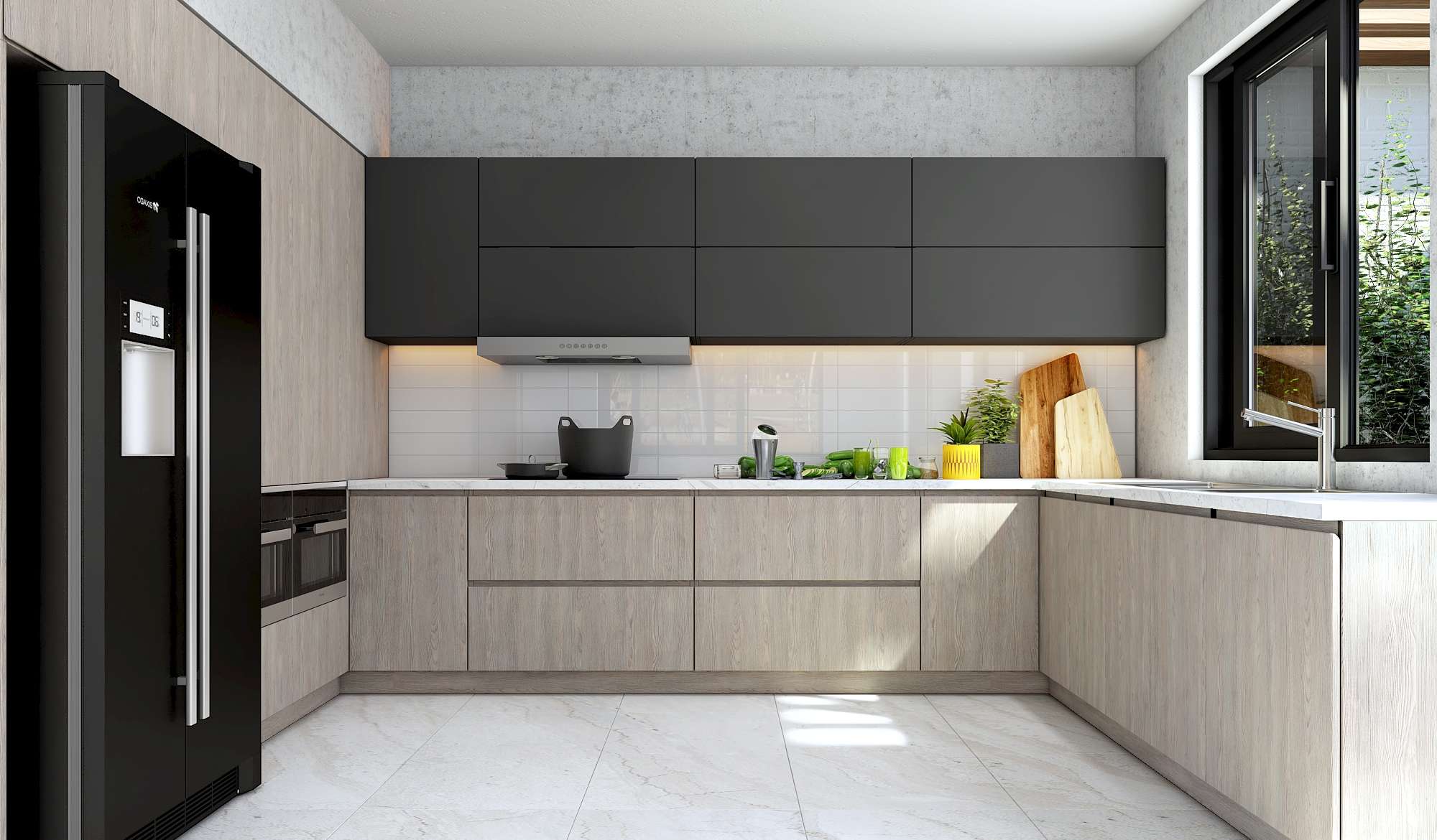 Tủ bếp màu đen kết hợp màu gỗ ấn tượng và độc đáo