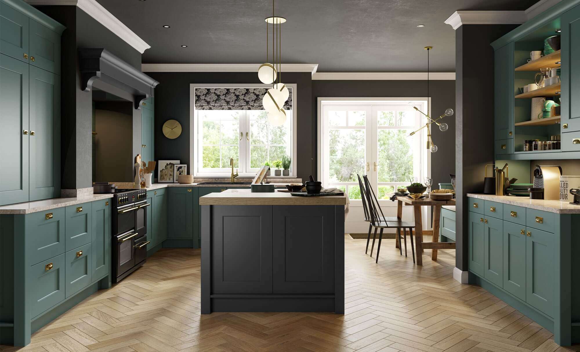 Tủ bếp màu đen xanh hiện đại và sang trọng