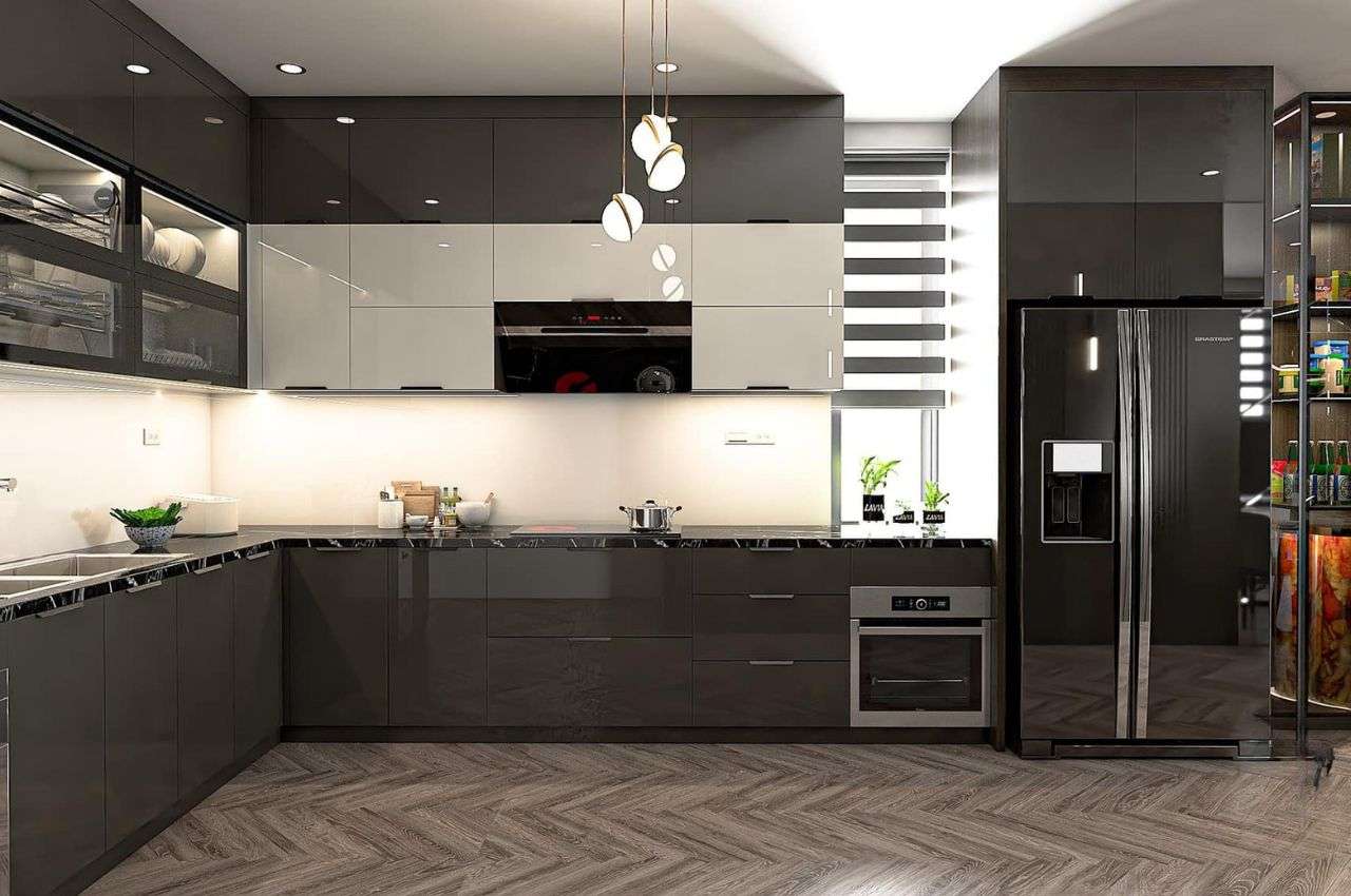 Tủ bếp Acrylic màu đen bóng sáng, sang trọng và hiện đại
