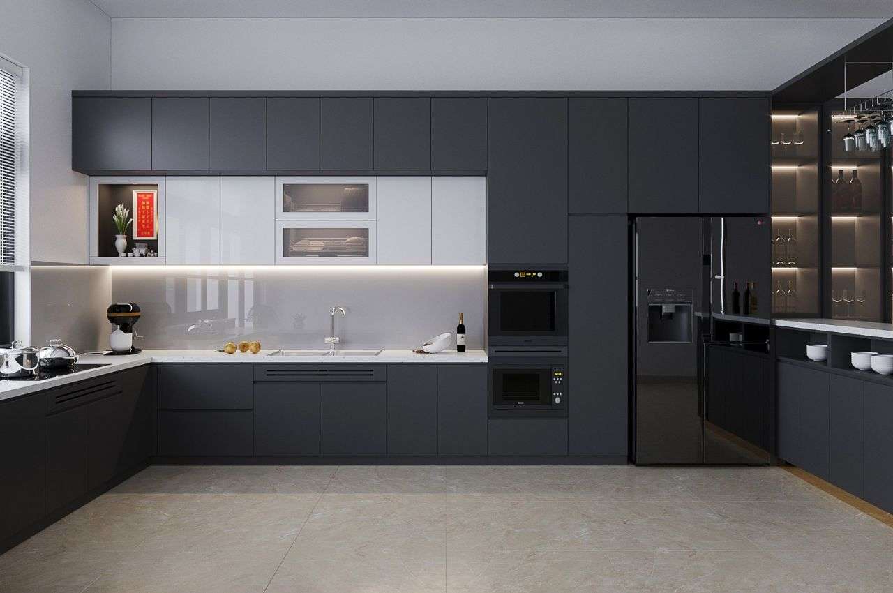 Tủ bếp màu đen trắng mang lại sự tiện nghi và ấm cúng 