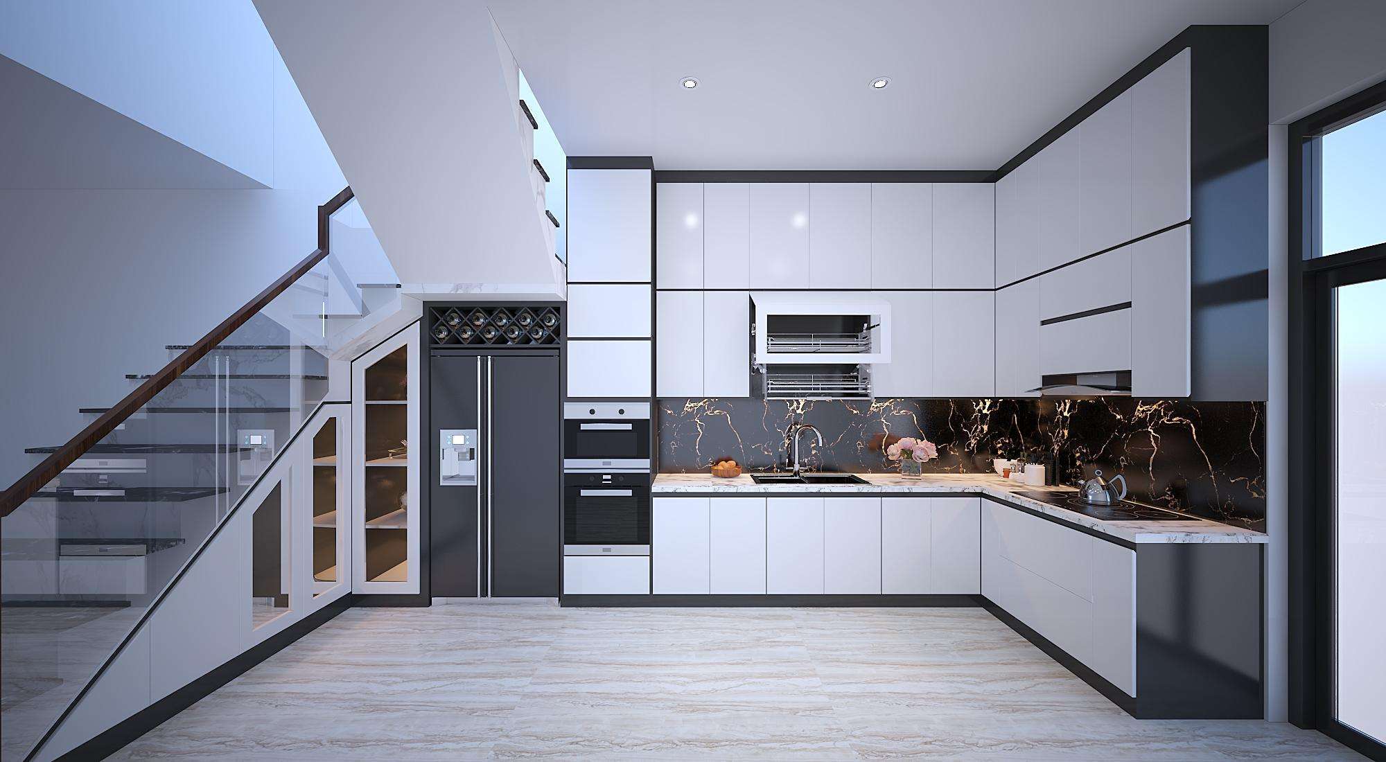 Tủ bếp kết hợp 2 tông màu đen và trắng mang lại điểm nổi bật  cho không gian