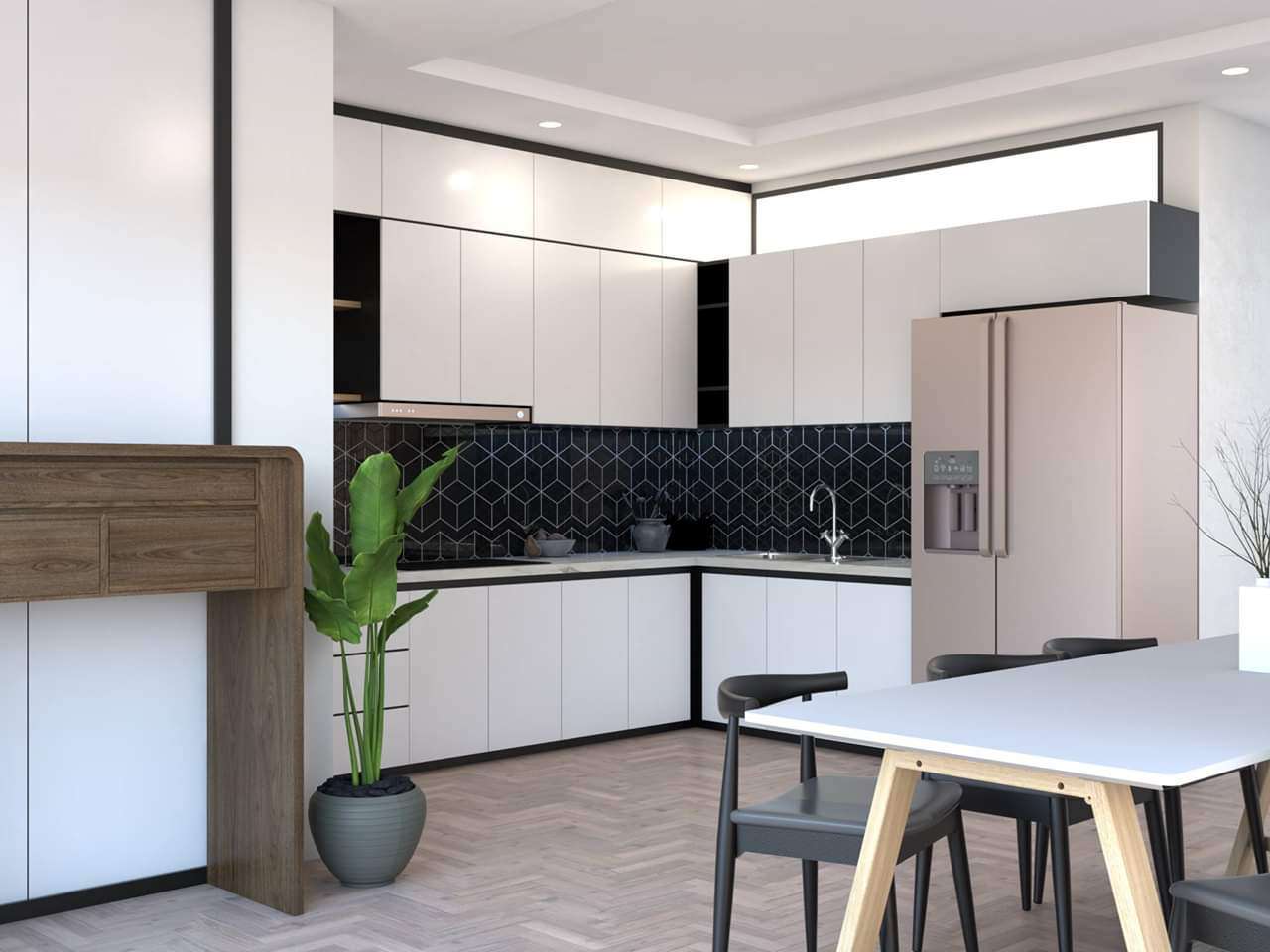 Mẫu thiết kế tủ bếp đen trắng bám sát trần