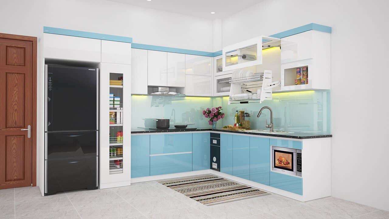 Thiết kế mẫu tủ bếp trắng và xanh ngọc nhẹ nhàng