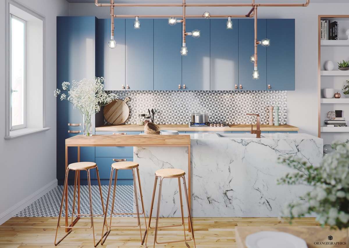 Không gian dịu mát hơn với sự kết hợp 2 màu xanh và trắng trong mẫu thiết kế tủ bếp hiện đại