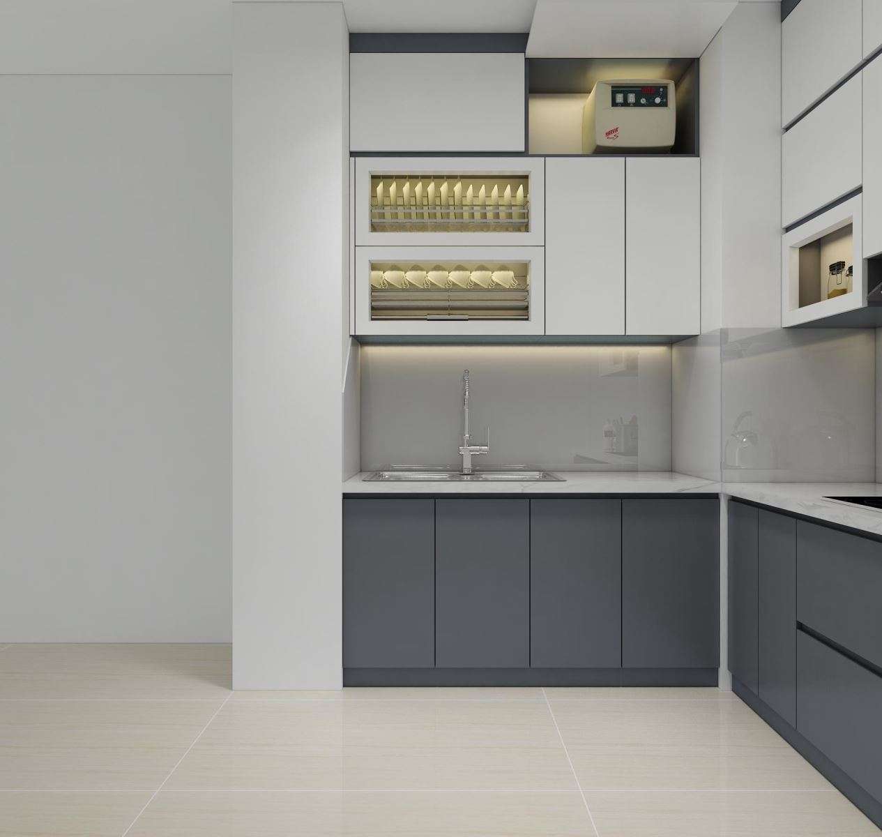 Tủ bếp màu xám trắng phong cách tối giản