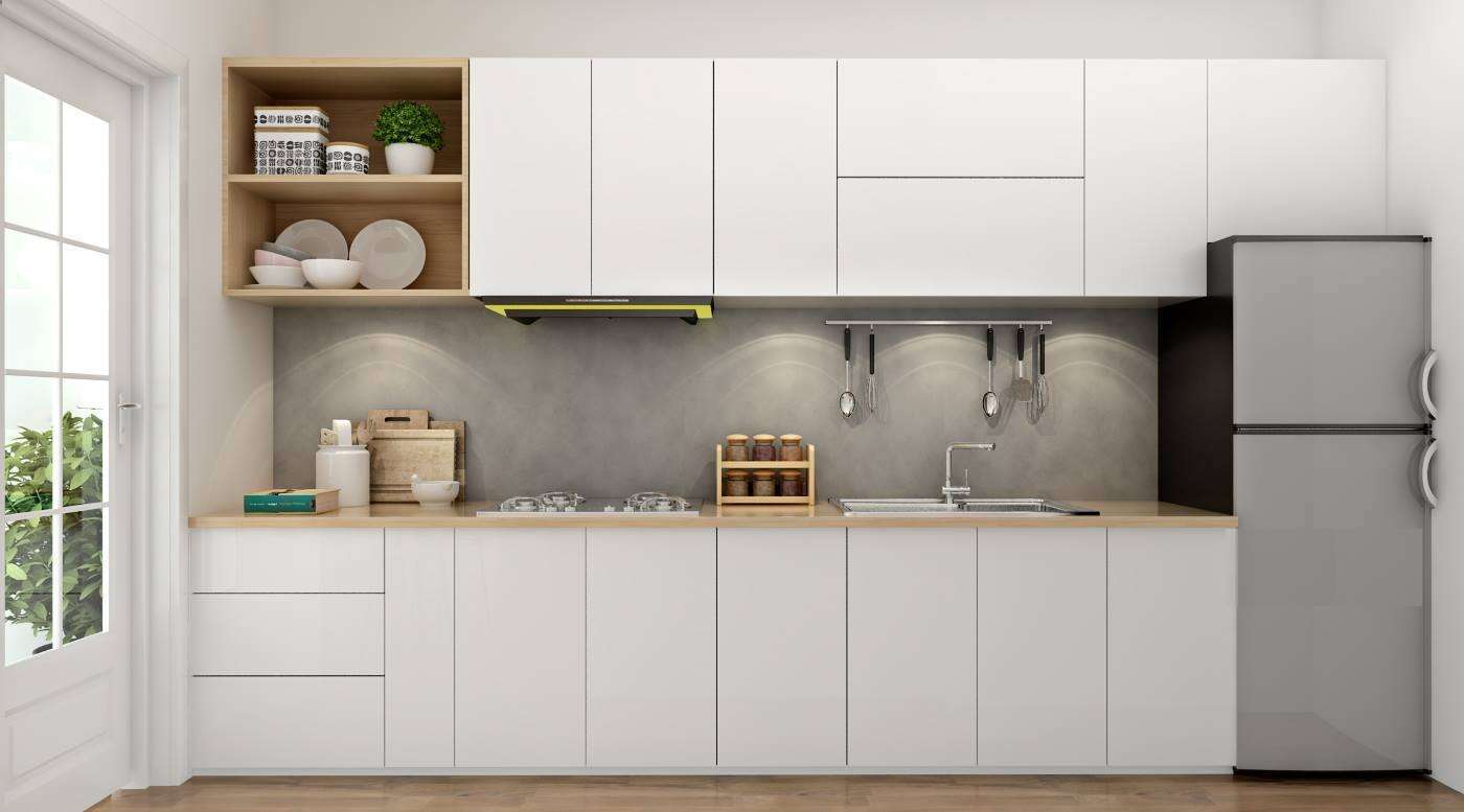Tủ bếp thanh lịch và sang trọng với chất liệu phủ Laminate màu trắng gỗ công nghiệp
