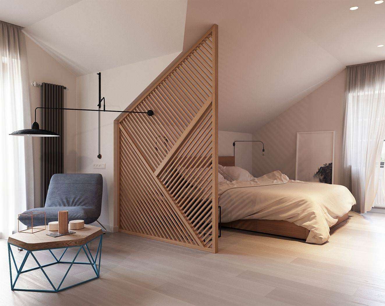 Vách ngăn phòng ngủ làm bằng gỗ được cách điệu tinh tế
