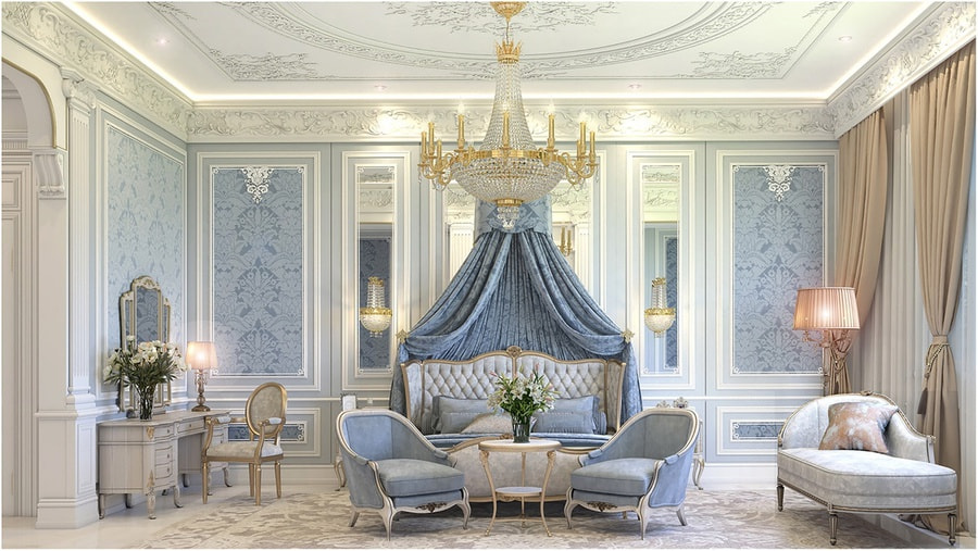 Phòng ngủ phong cách Châu Âu cổ điển tông xanh - trắng đẹp mắt