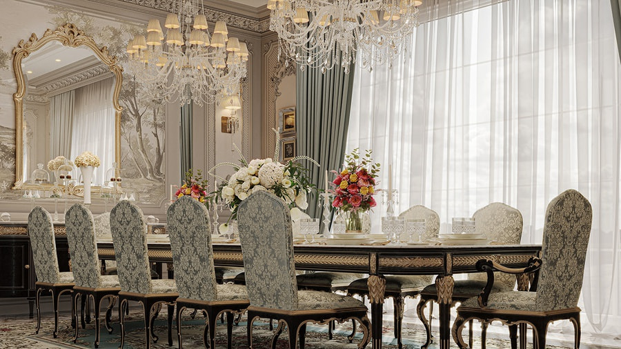 Mẫu bàn ăn 10 ghế lớn theo phong cách cổ điển Châu Âu cho gia đình đông người