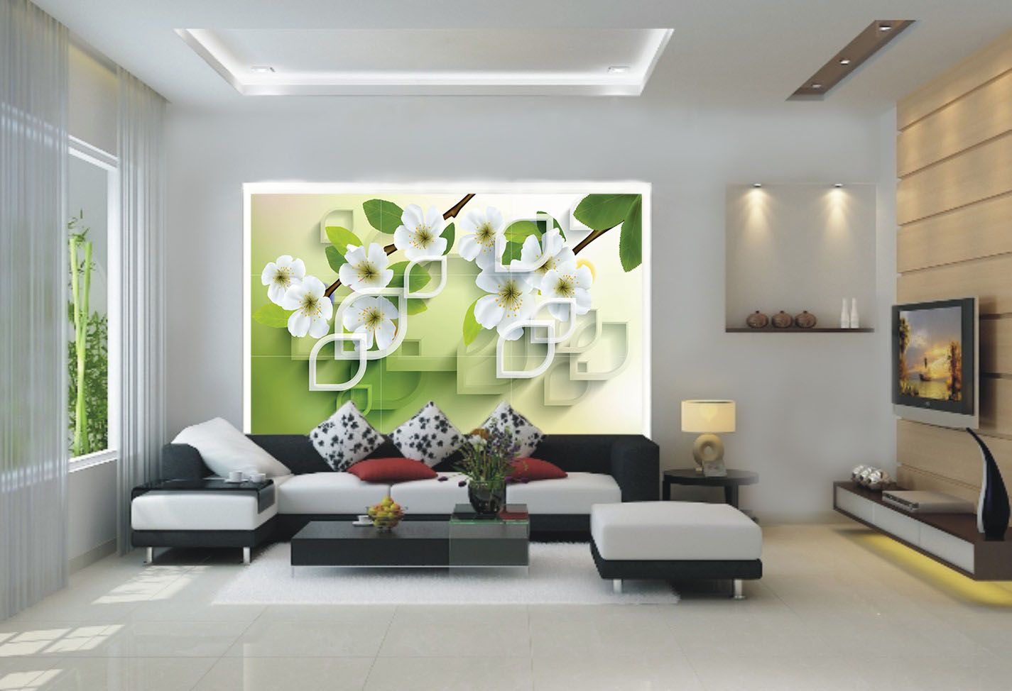 Cách bố trí phòng khách nhỏ đẹp sang trọng chuẩn phong thủy 40 Sử dụng giấy dán tường trang trí tạo điểm nhấn cho phòng khách