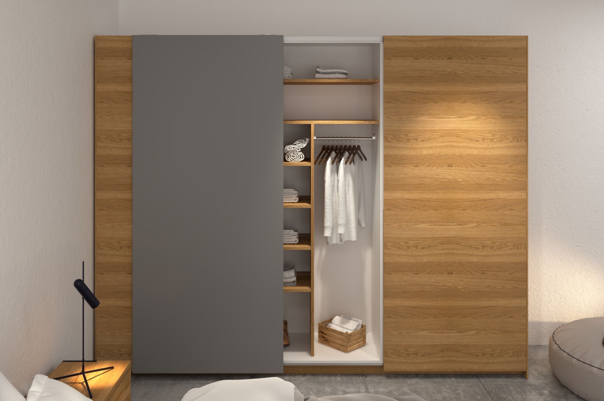 Tủ quần áo gỗ sồi đa chức năng - Thiết kế thông minh với nhiều ngăn kéo và ngăn treo, giúp sắp xếp quần áo và phụ kiện một cách dễ dàng và tiện lợi.