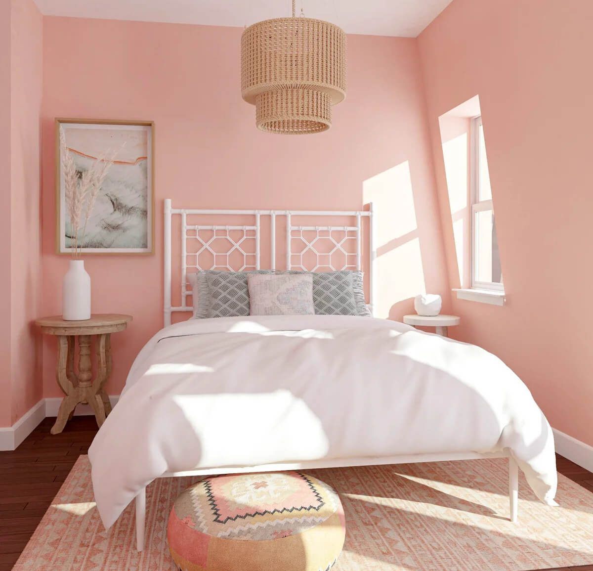Tông màu hồng đem đến sự tươi sáng và lãng mạn, tạo nên không gian phòng ngủ ngọt ngào và đẹp mắt.
