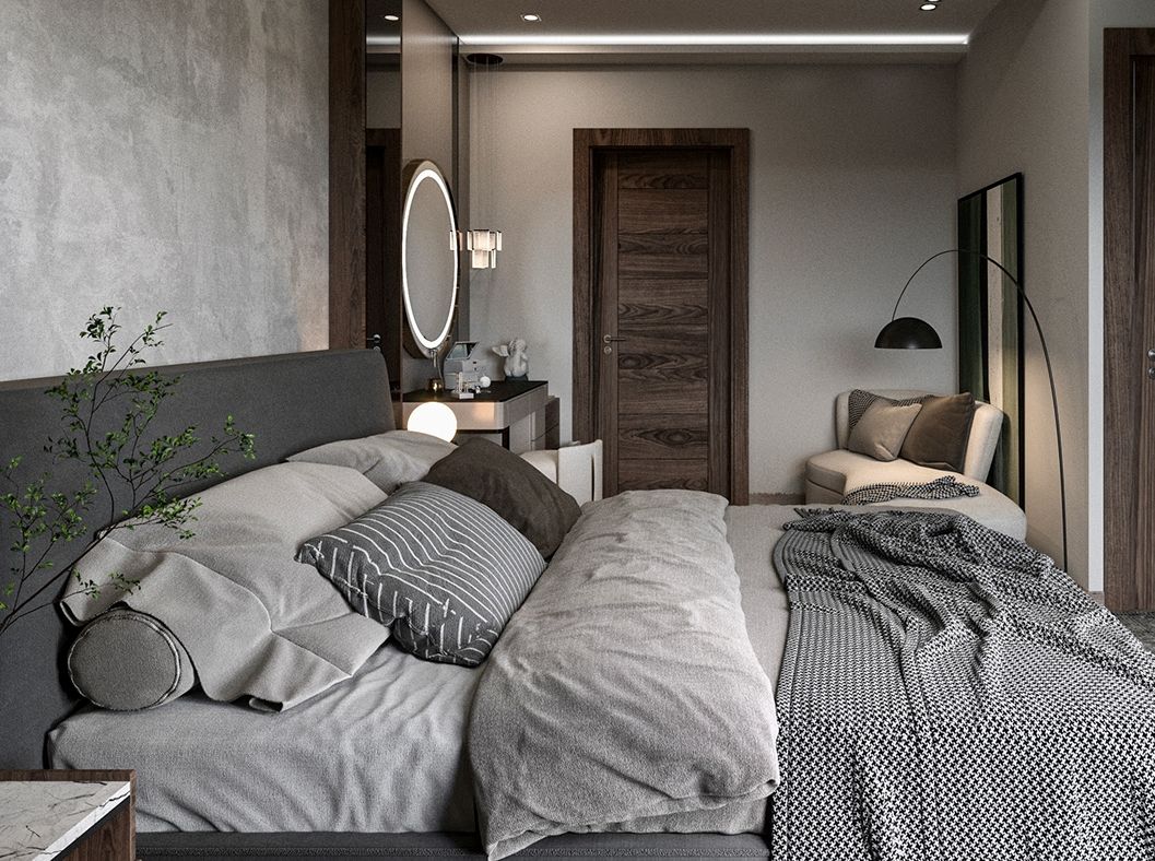 Phòng ngủ màu xám tạo nên vẻ sang trọng và hiện đại