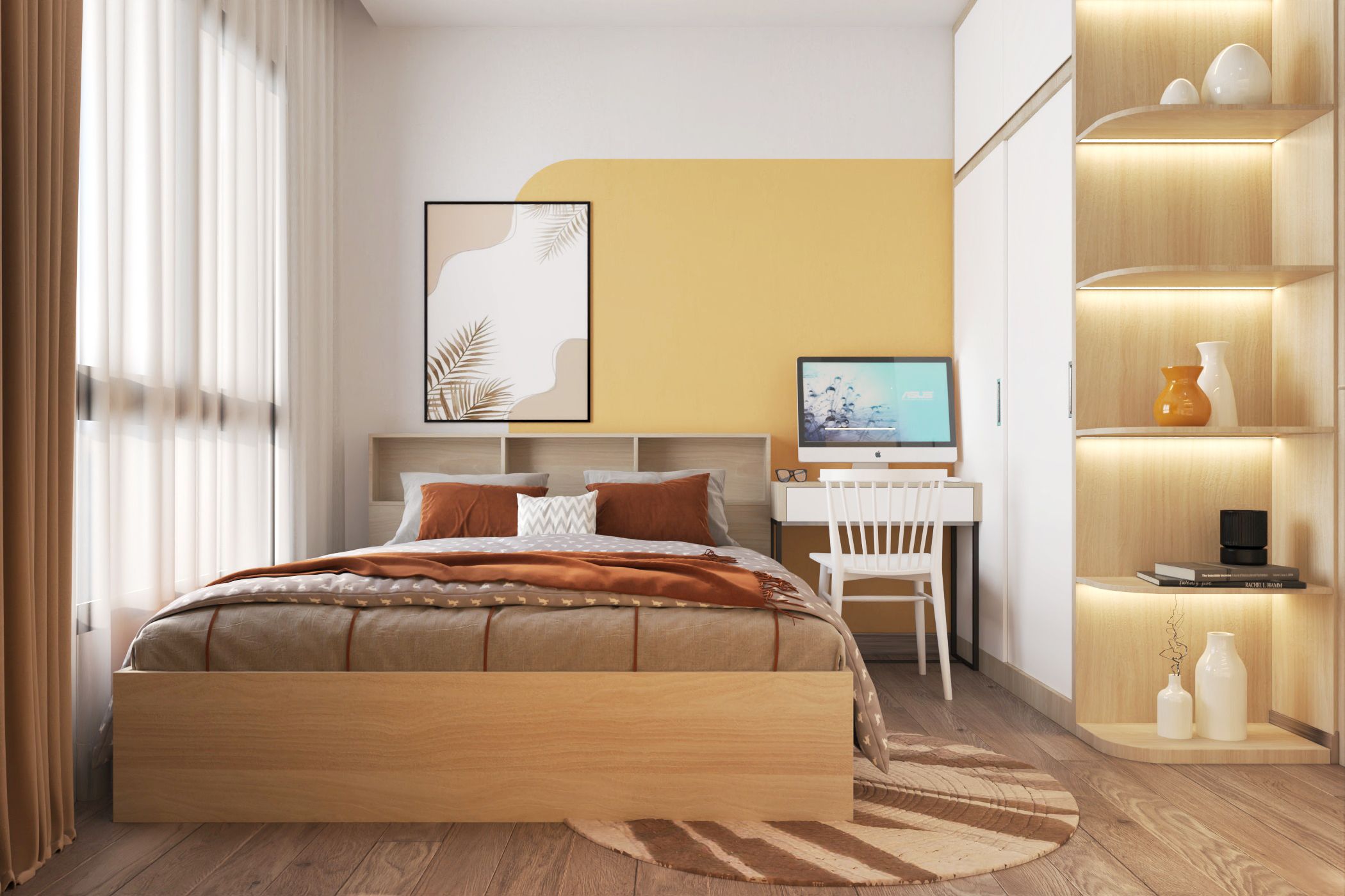 Tông màu vàng thể hiện sự rạng ngời và vui vẻ, tạo không gian phòng ngủ ấn tượng và lôi cuốn.