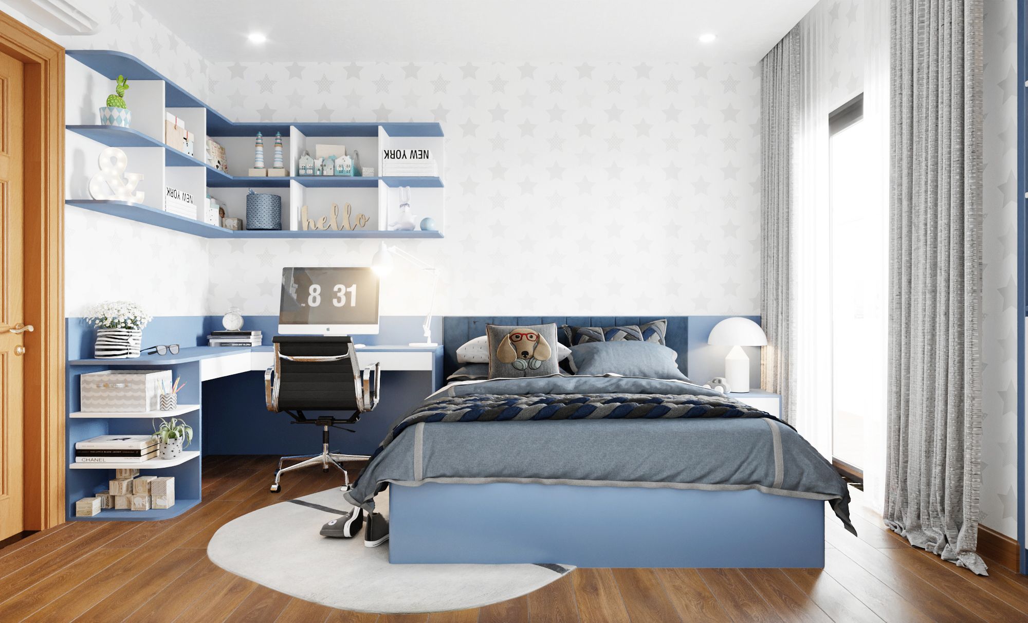 Phòng ngủ màu xanh dương tạo nên sự bình yên và thư thái