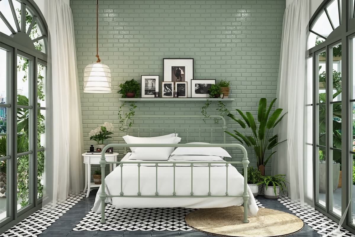 Tông màu xanh rêu thể hiện màu sắc tự nhiên và tươi mát, tạo không gian phòng ngủ ngọt ngào và dễ chịu.