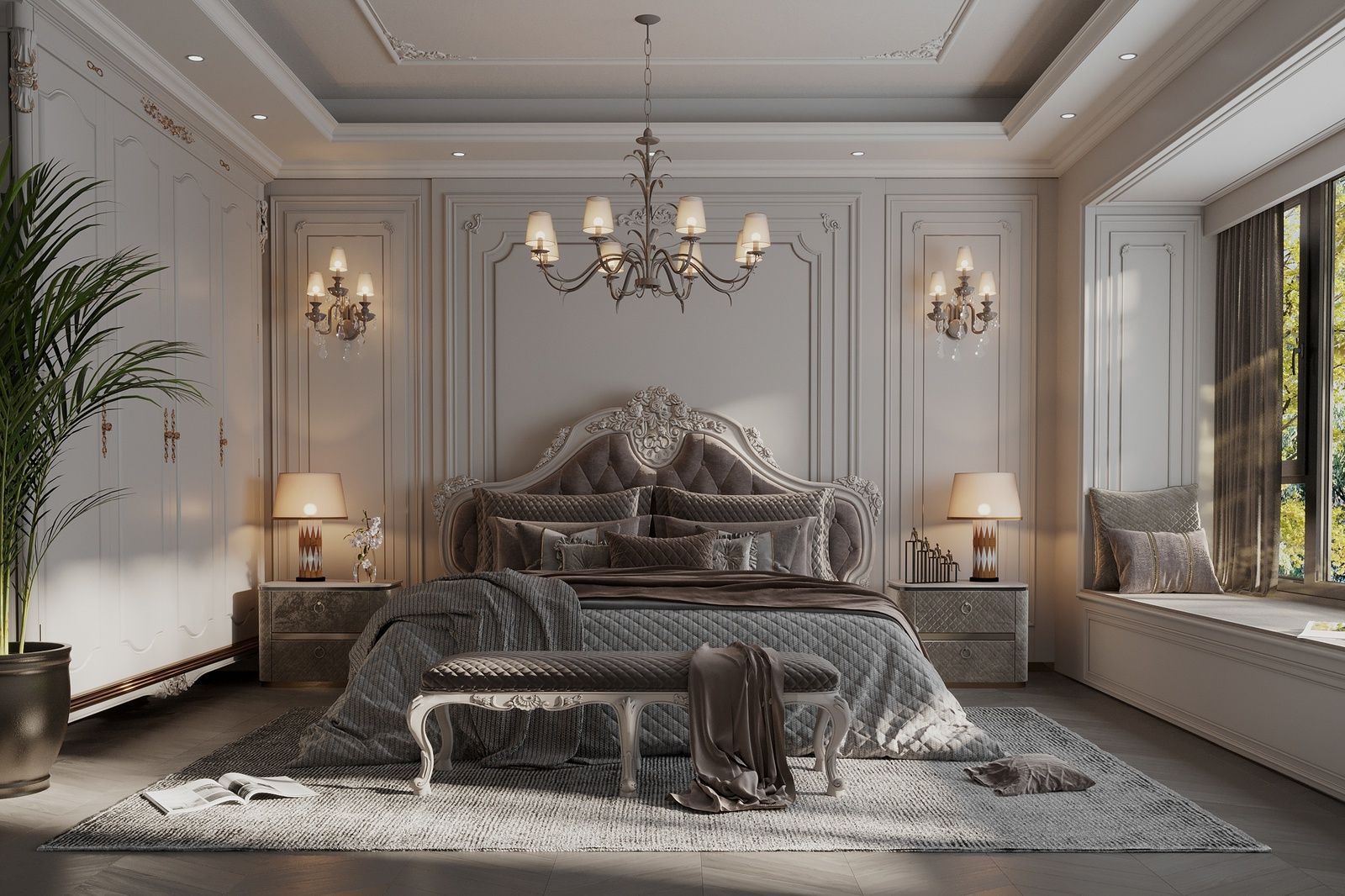 Phòng ngủ mang phong cách cổ điển trầm lắng, sang tròn với ánh sáng từ cửa sổ lớn