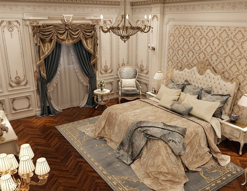 Phòng ngủ mang thiết kế cầu kỳ với những đường phào dát bạc, mang lại cảm giác vương giả