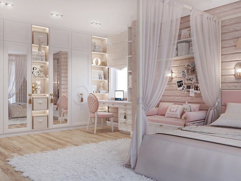 Mẫu phòng ngủ trẻ em thiết kế cổ điển với tông màu trắng - hồng xinh xắn