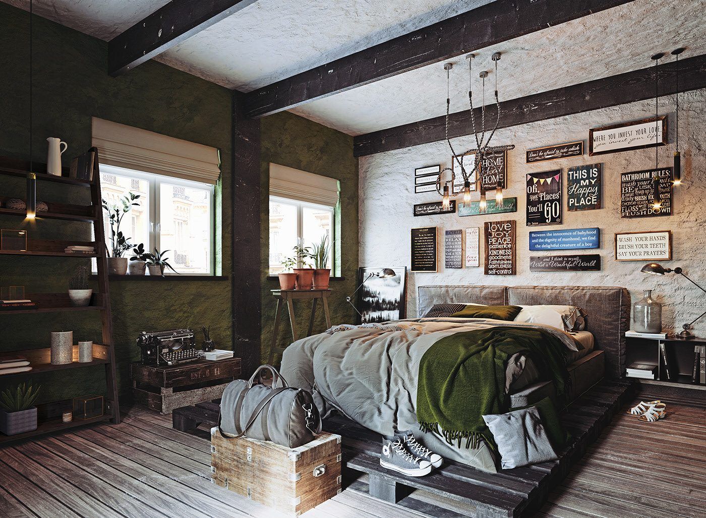 Phòng ngủ sang trọng với tường đá tự nhiên và giường da