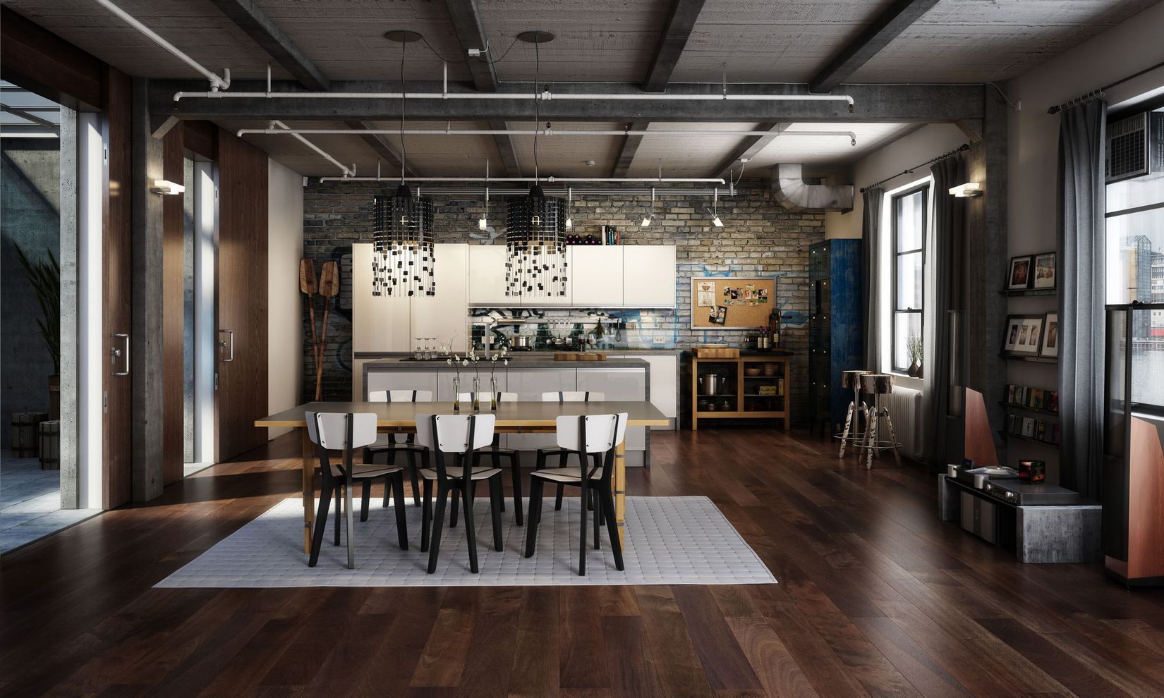 Phòng bếp công nghiệp với tủ bếp kim loại, đèn trần thép và bàn ăn gỗ thô.