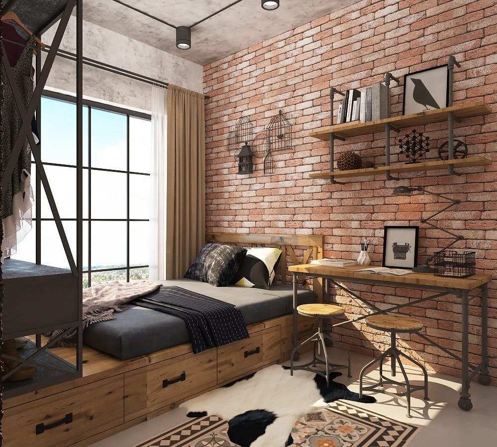 Phòng ngủ trẻ trung với giường sắt đen và tường gạch thô.