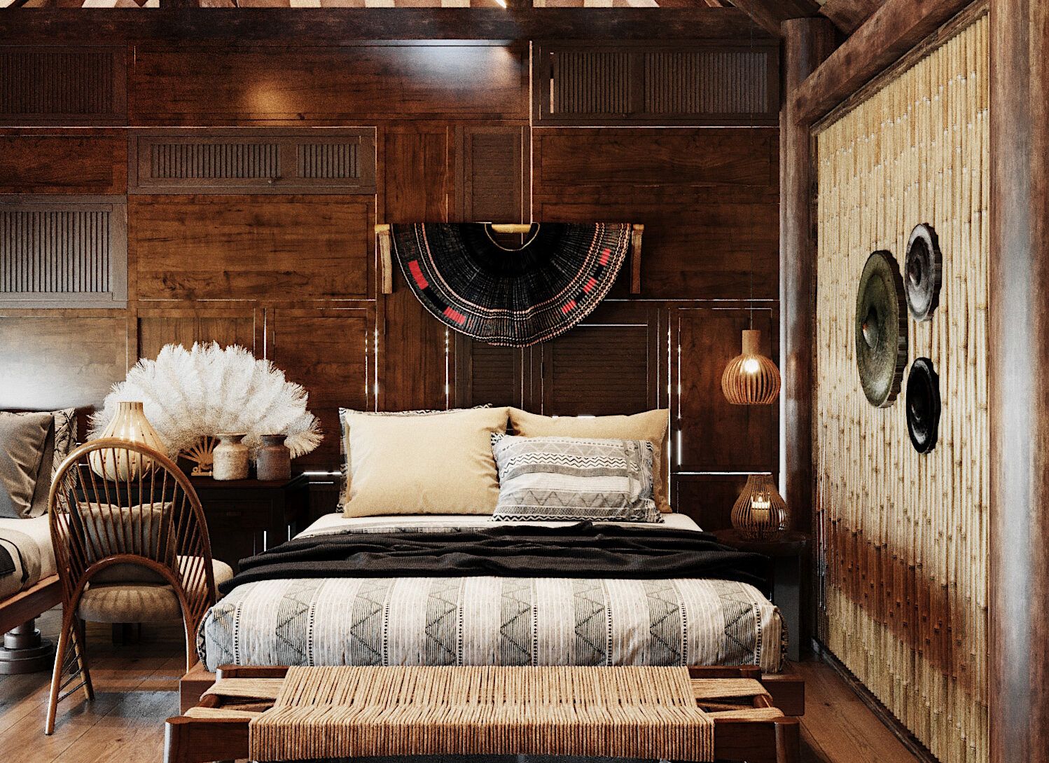 Các tấm gỗ tự nhiên cho giường, tủ, và đầu giường tạo nên vẻ đẹp mộc mạc và chất liệu tự nhiên độc đáo