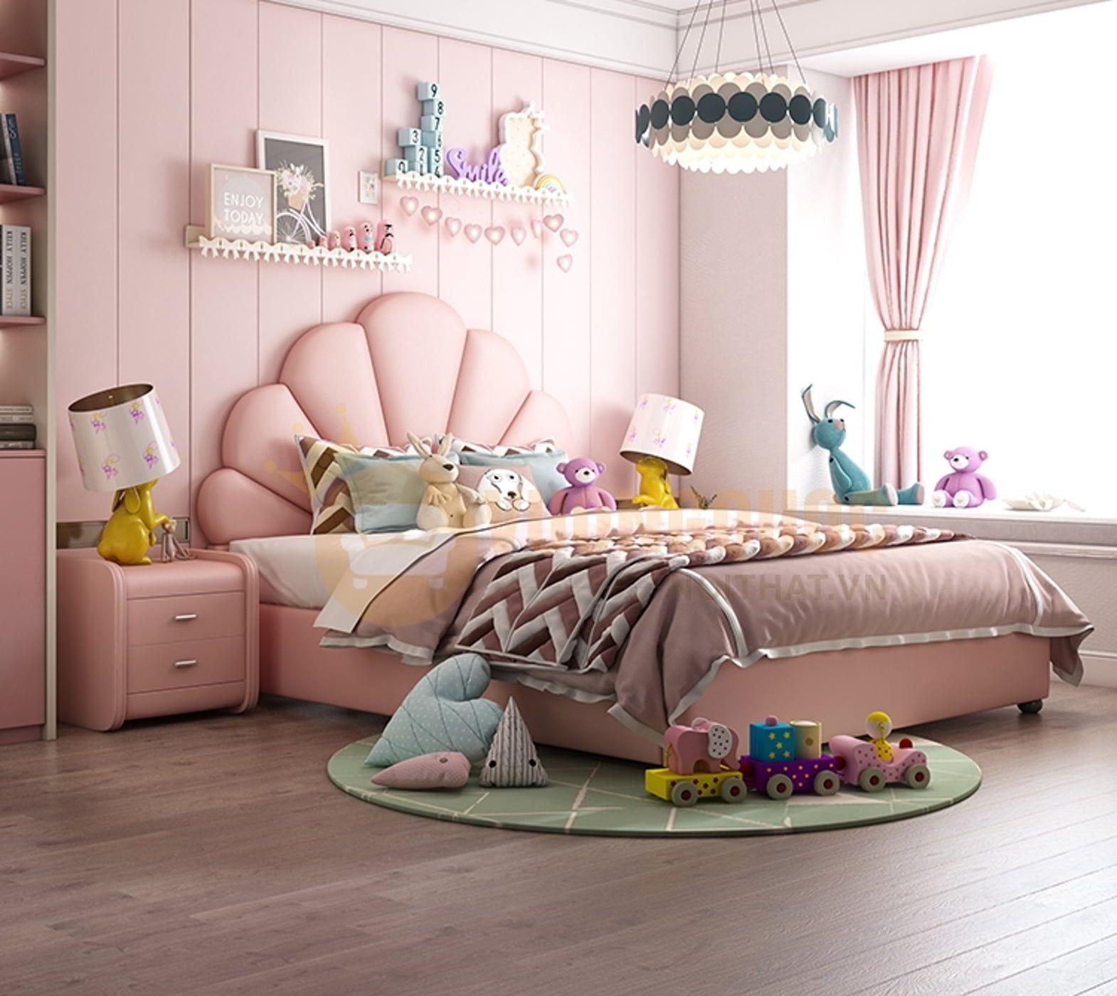 Phòng ngủ được bố trí rất nhiều món đồ giúp kích thích óc sáng tạo của các bé