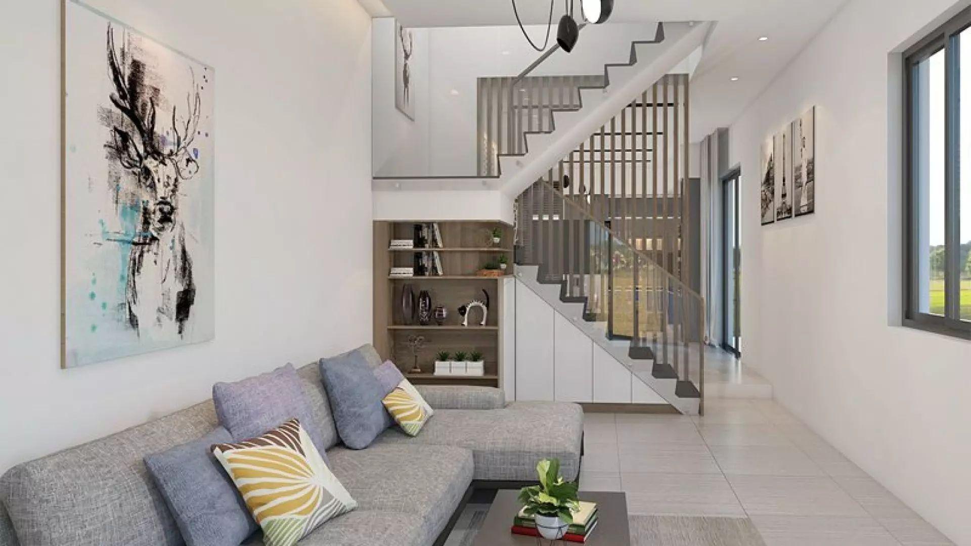 Sự kết hợp thông minh giữa cầu thang và tủ kệ đa năng tạo không gian sống hiện đại, tiện nghi 