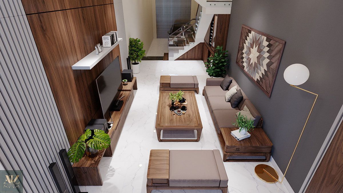 Nội thất gỗ tự nhiên cao cấp cho phòng khách 4m nhà ống