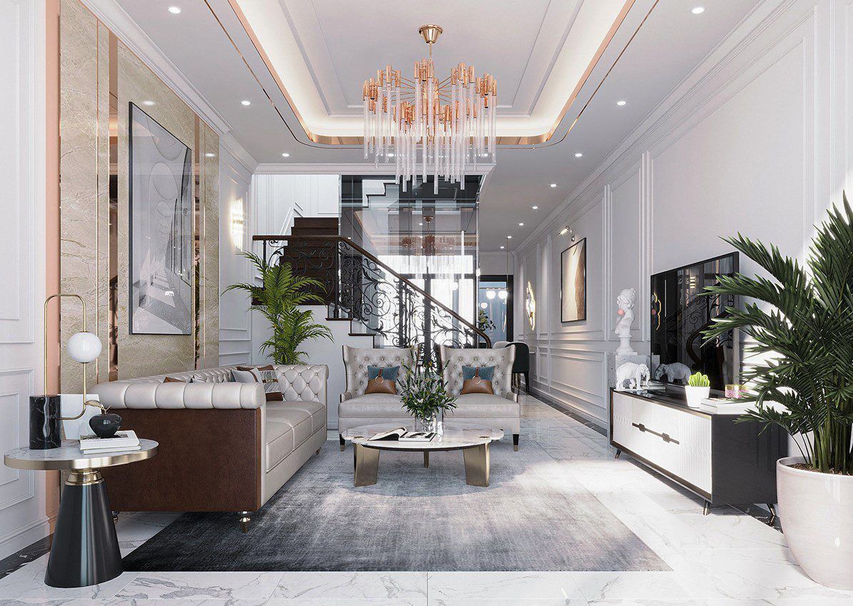 Thiết kế trần thạch cao kết hợp đèn trang trí cho phòng khách 