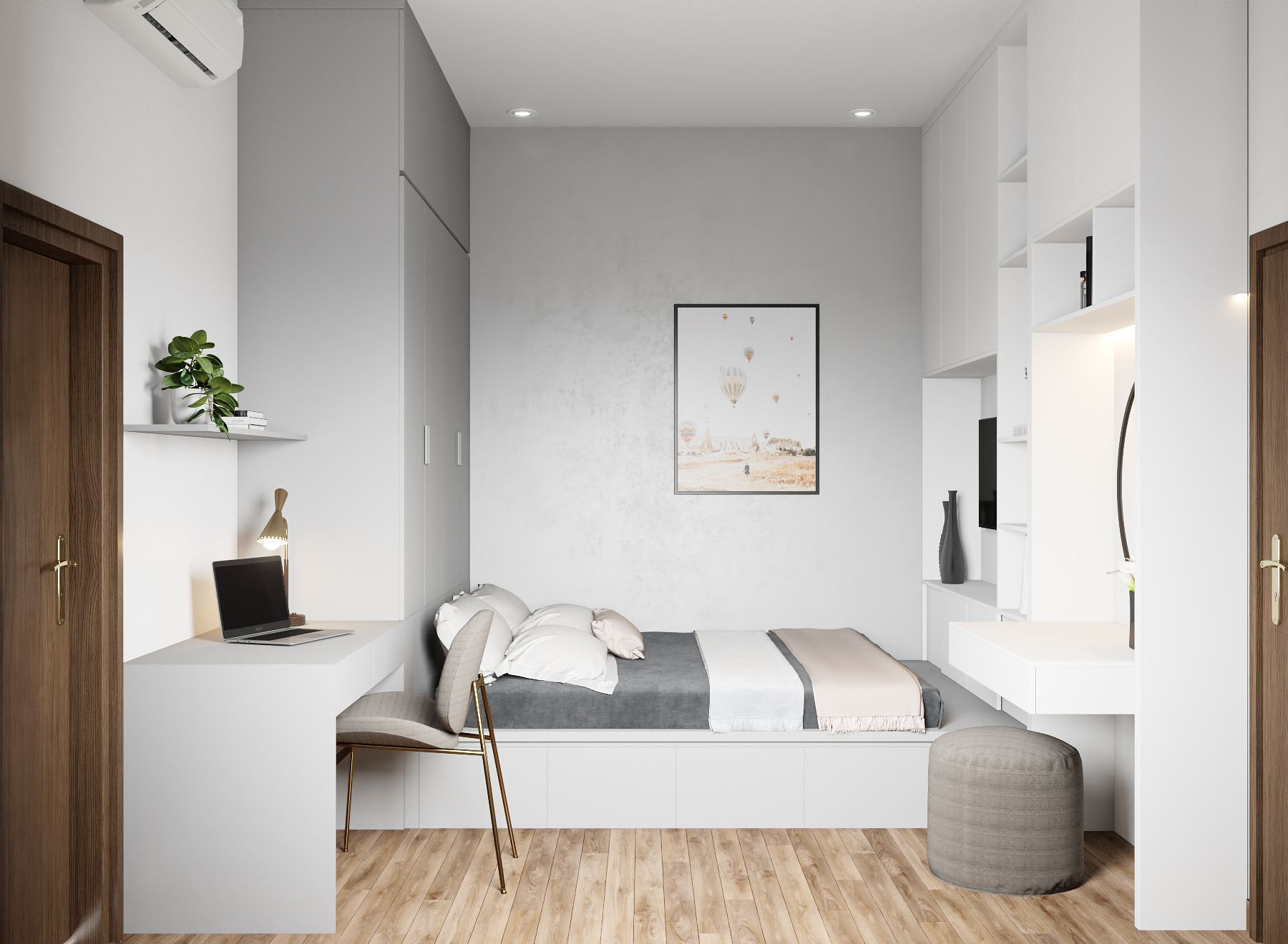 Một căn phòng ngủ 12m2 thiết kế tối giản và màu sắc trung tính hơn