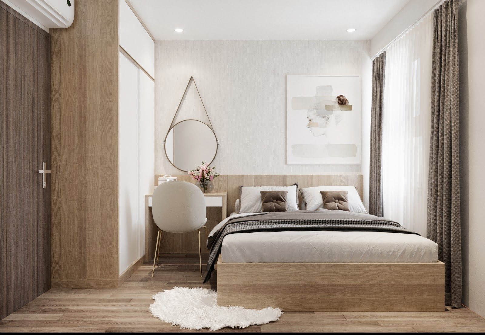 Đặt giường sát vách tường hoặc gần cửa sổ giúp bạn có nhiều không gian hơn