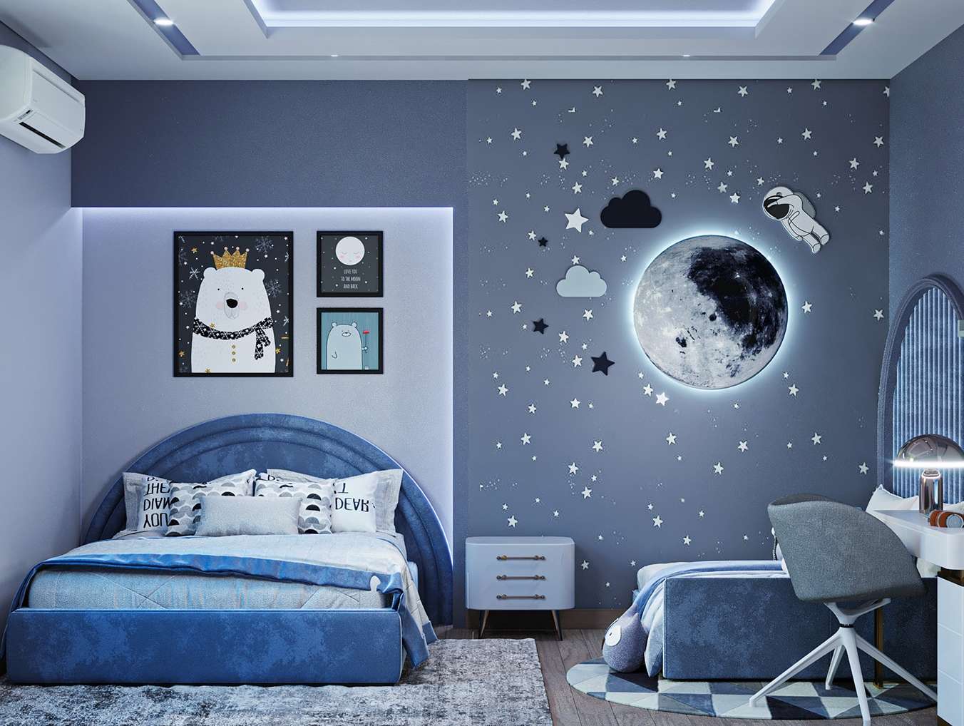 Phòng ngủ bé trai màu xanh dương đậm với họa tiết vũ trụ