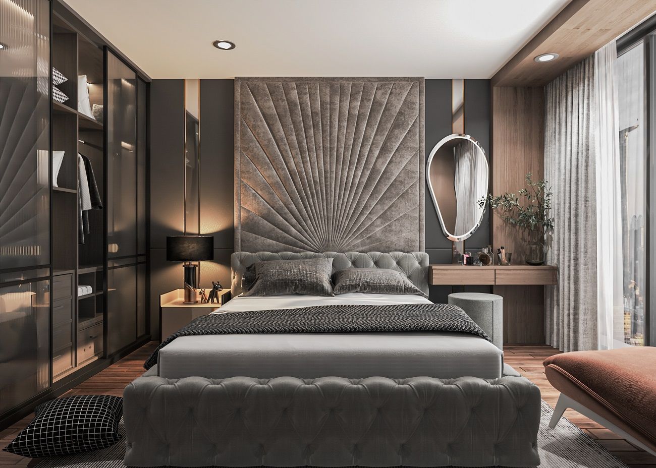 Phòng ngủ 14m2 gam màu xám tối tạo cảm giác thanh lịch và quý phái