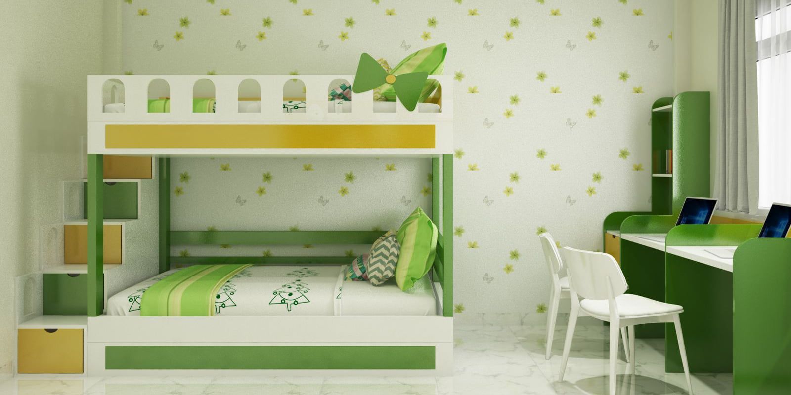 Xanh là cũng là một tông màu yêu thích của những bậc phụ huynh khi thiết kế phòng ngủ cho các bé yêu nhà mình