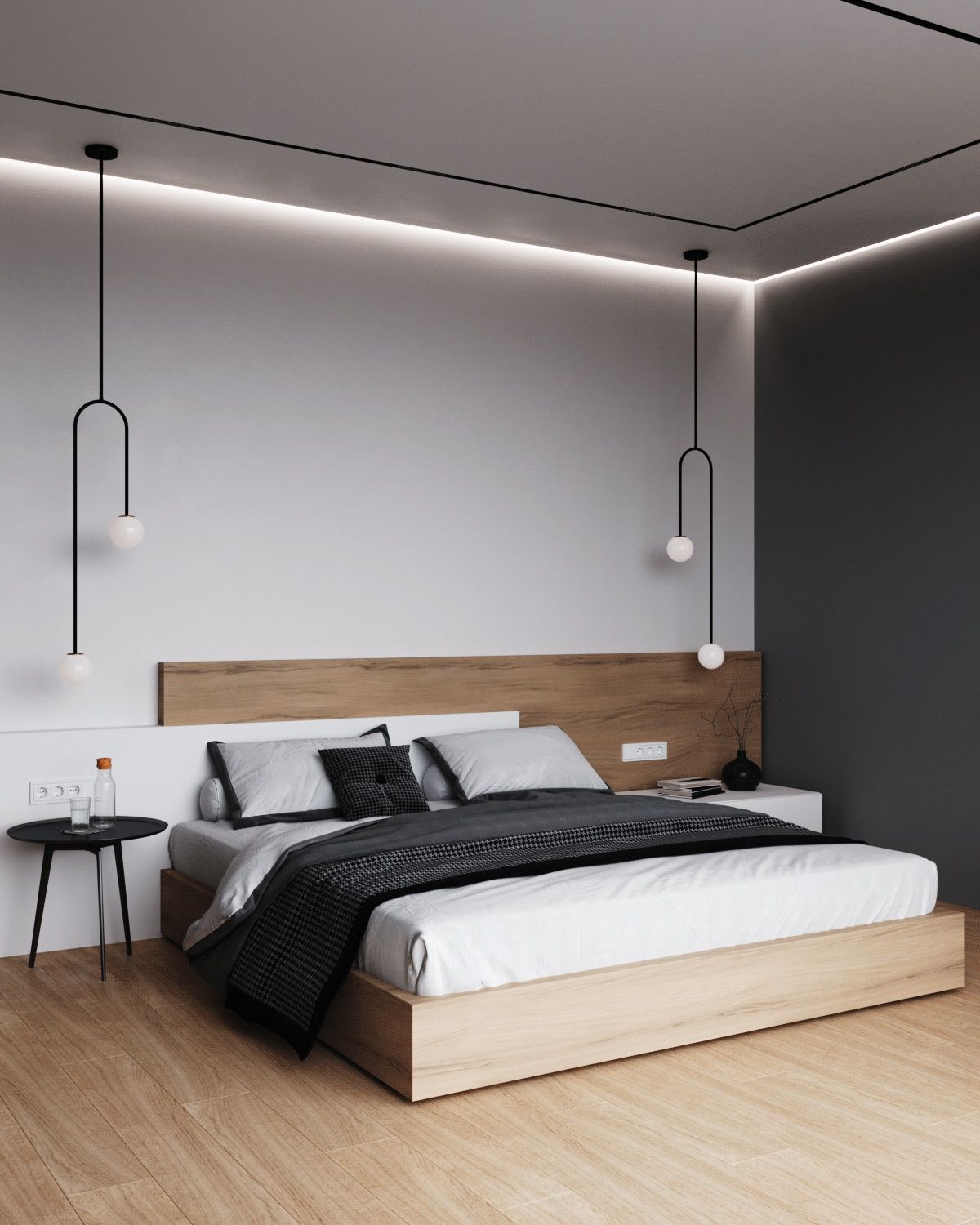 Thiết kế phòng ngủ 16m2 đơn giản với màu trắng chủ đạo lấy điểm nhấn là đèn thả hai bên giường